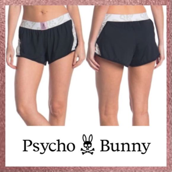 NWT NEW Psycho Bunny Black White Elastic Waist Logo Print Track Shorts Medium M - Picture 1 of 13